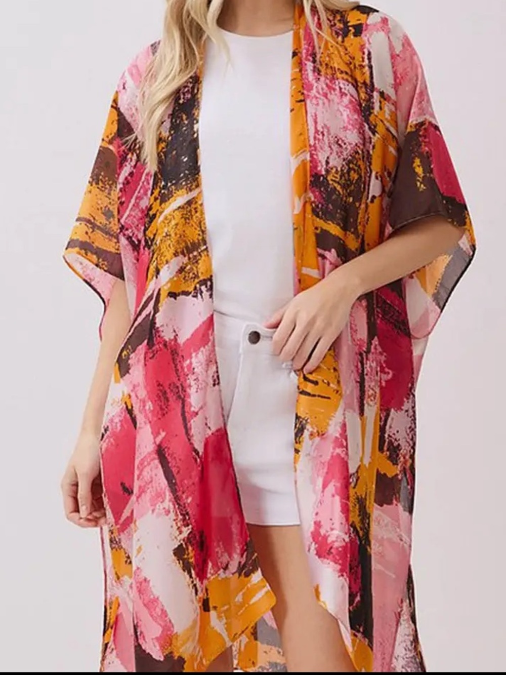 0263.  Women's Pink & Mustard Abstract Print Kimono Jacket